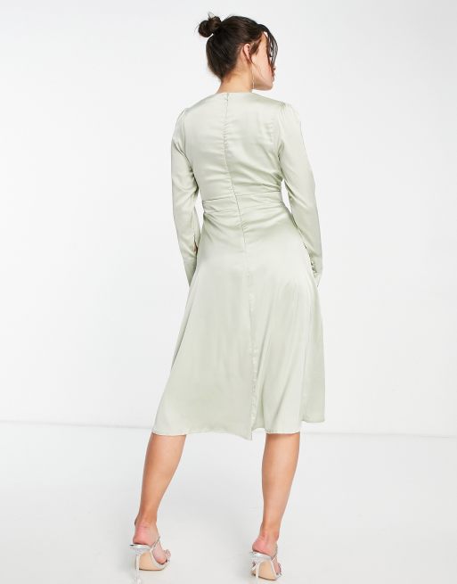 TFNC Bridesmaid long sleeve satin wrap dress in sage green, 2 of 4