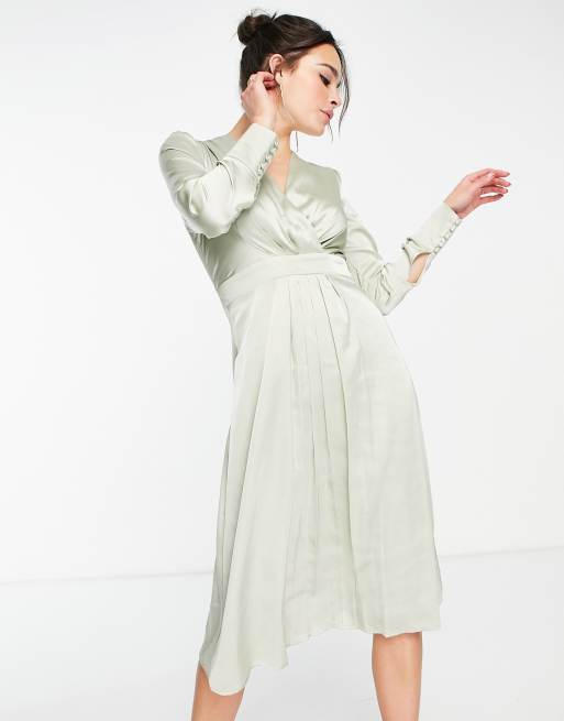 TFNC Bridesmaid long sleeve satin wrap dress in sage green, 4 of 4