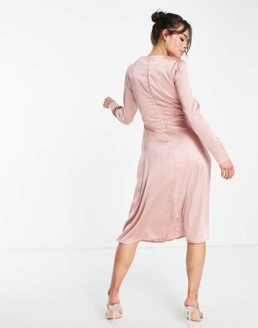 TFNC Bridesmaid long sleeve satin wrap dress in taupe blush ASOS