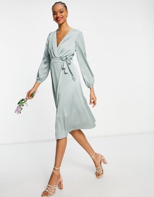 TFNC bridesmaid long sleeve wrap front sateen midi dress with belt in ...
