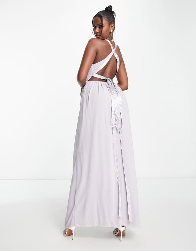 TFNC Bridesmaid maxi with back detail and ruched skirt in gray