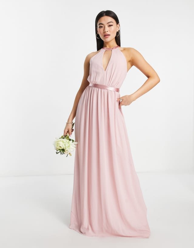 TFNC Bridesmaid maxi with back detail and ruched skirt in mauve