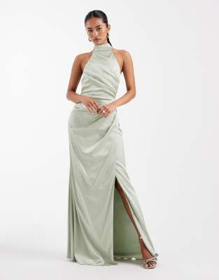 TFNC - Bridesmaid - Maxikleid aus Satin in Salbeigrün mit Neckholder und Zierfalten