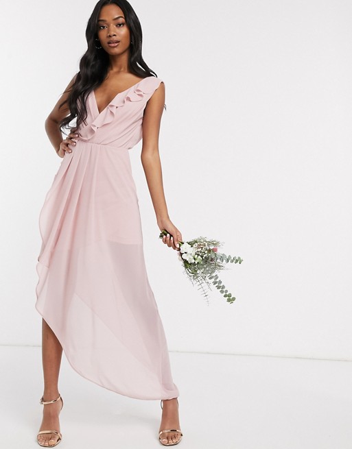 TFNC Bridesmaid midi wrap frilly dress in pink