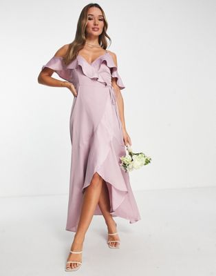 TFNC Bridesmaid off shoulder ruffle sleeve maxi dress in pink - ASOS Price Checker
