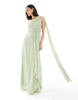 TFNC Bridesmaid one shoulder drape maxi dress with wrap skirt in sage green