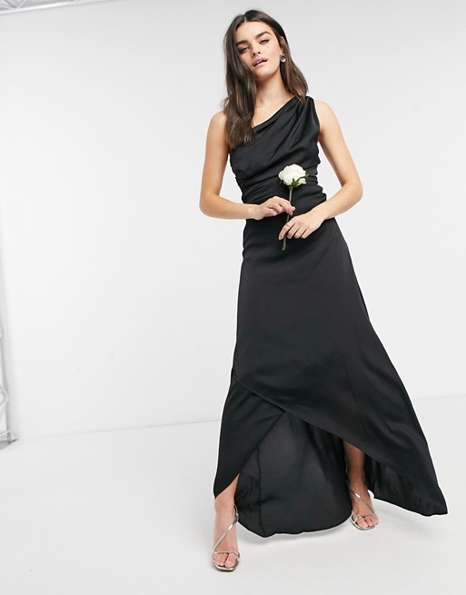 TFNC Bridesmaid one shoulder maxi dress in black