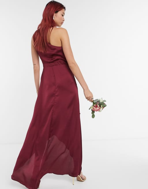 TFNC Bridesmaid one shoulder maxi dress in burgundy, 2 of 4
