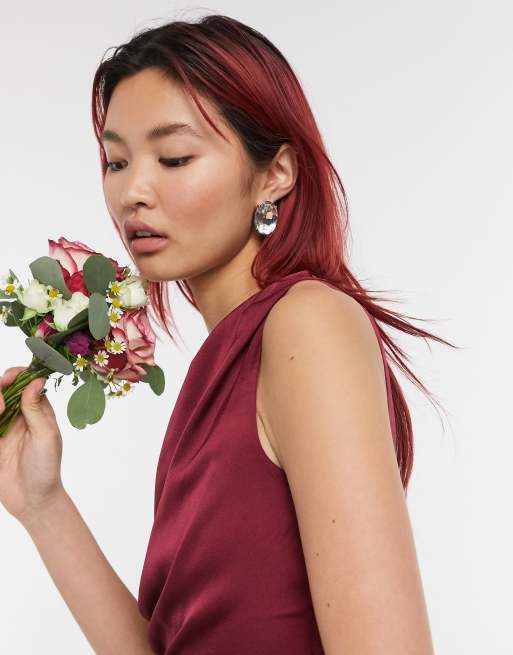 TFNC Bridesmaid one shoulder maxi dress in burgundy, 3 of 4