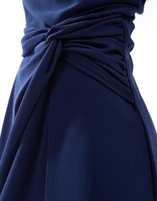 TFNC Bridesmaid one shoulder maxi dress with twist front and scarf detail in navy