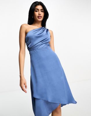 TFNC Bridesmaid one shoulder midi dress in dusky blue