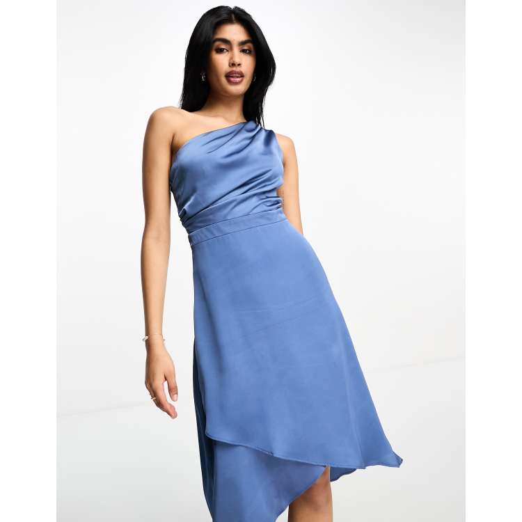 TFNC Bridesmaid one shoulder midi dress in dusky blue