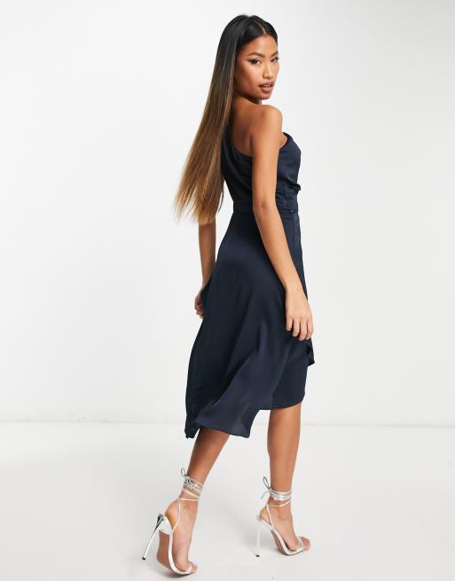 TFNC Bridesmaid one shoulder midi dress in navy