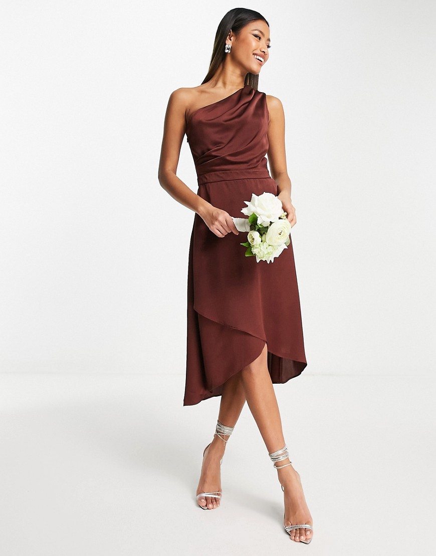 TFNC Bridesmaid one shoulder midi dress in teracotta-Brown