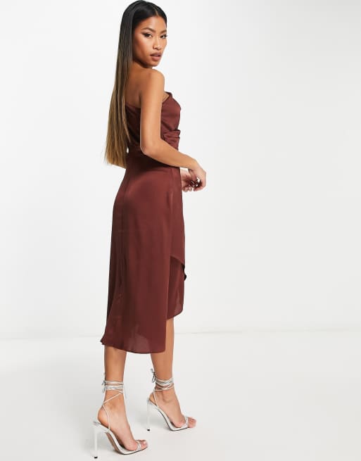 terracotta midi bridesmaid dress TFNC one shoulder in the design flows into attr:cutout Breezaya Allover Floral Knot color:Daffodil