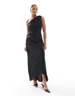 Bridesmaid one shoulder satin maxi dress in black-Red