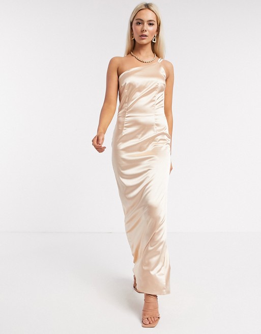 TFNC Bridesmaid one shoulder satin maxi dress in champagne
