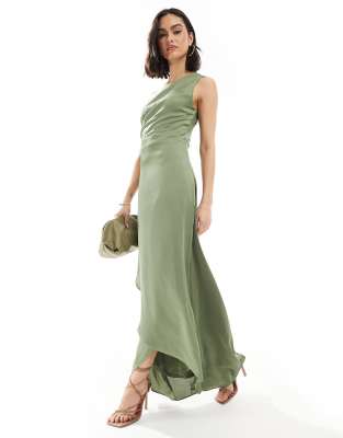 TFNC Bridesmaid one shoulder satin maxi dress with wrap skirt in dark green