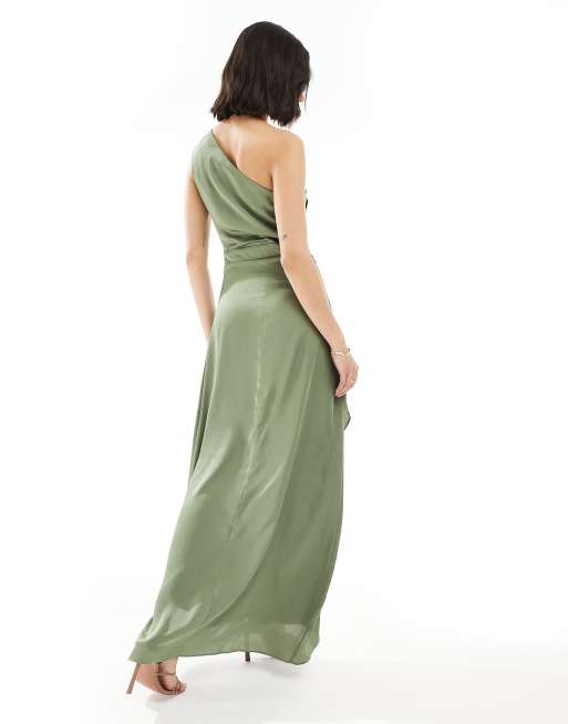 TFNC Bridesmaid one shoulder satin maxi dress with wrap skirt in dark green