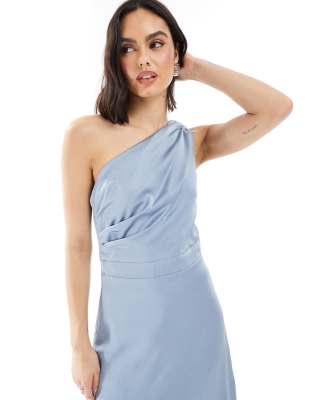 TFNC Bridesmaid one shoulder satin maxi dress with wrap skirt in dusty blue