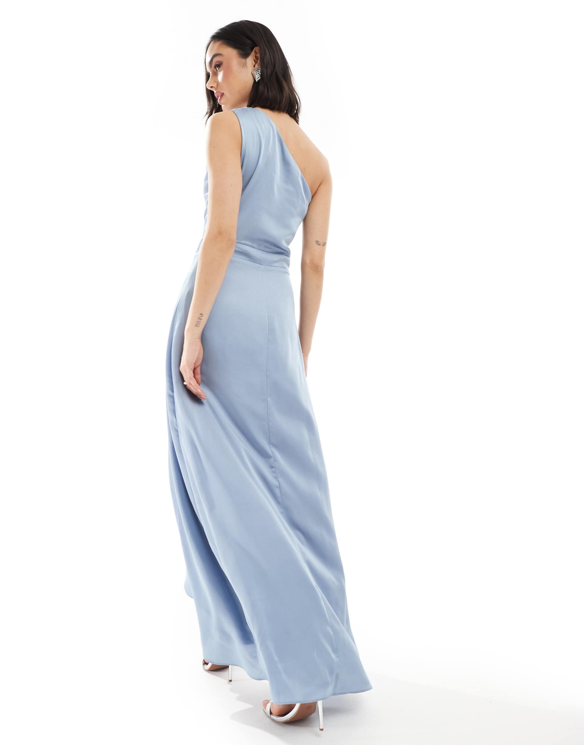 tfnc bridesmaid one shoulder satin maxi dress with wrap skirt in dusty blue