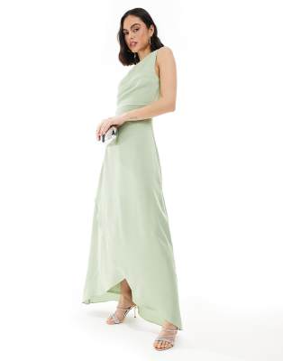 Bridesmaid one shoulder satin maxi dress with wrap skirt in sage green