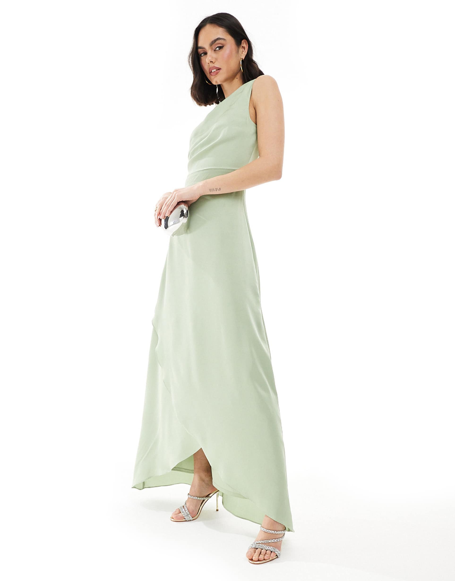 tfnc bridesmaid one shoulder satin maxi dress with wrap skirt in sage green