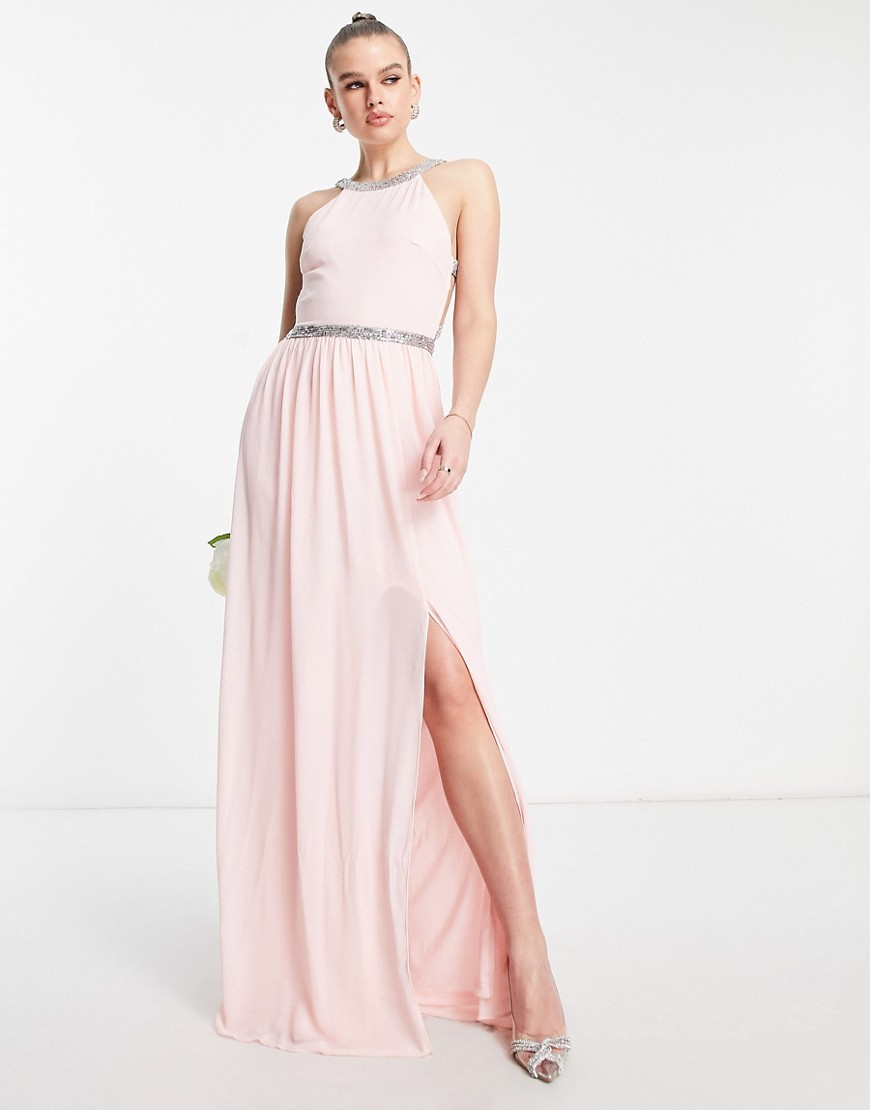 TFNC Bridesmaid open back chiffon maxi dress with pretty embellishment in whisper pink