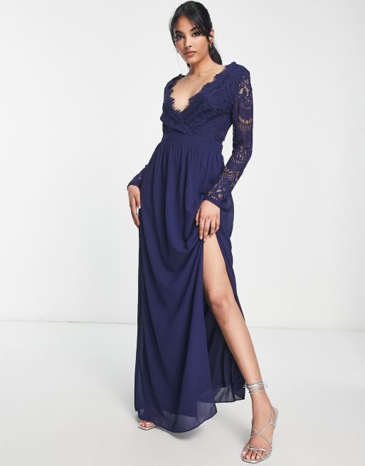 TFNC Bridesmaid open back lace maxi dress in navy blue