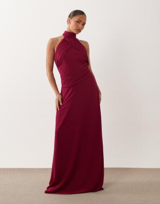Tfnc Petite Tfnc Bridesmaid Petite Chiffon Halter Neck Drape Maxi Dress In Pink