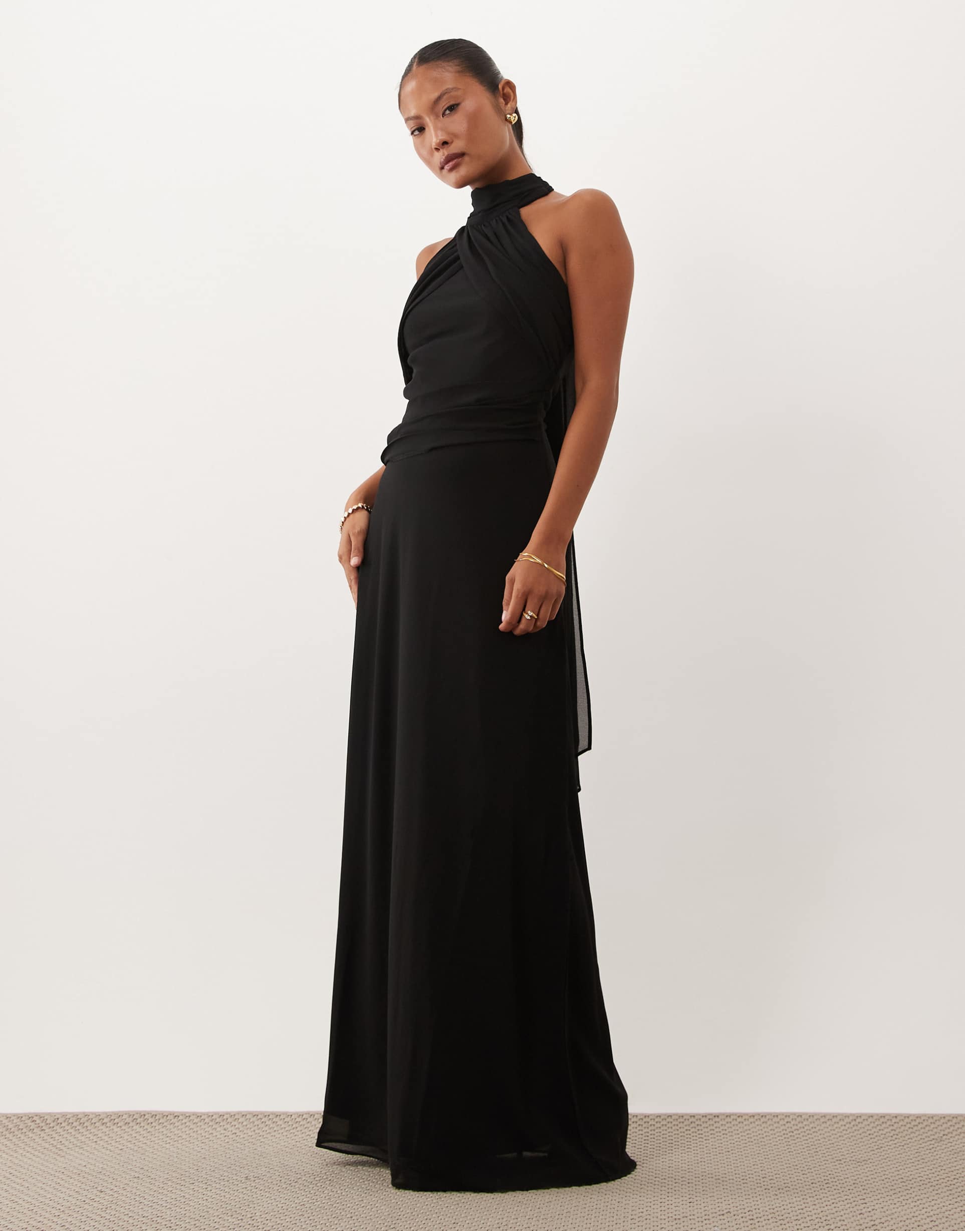 tfnc bridesmaid petite chiffon halter neck draped maxi dress in black