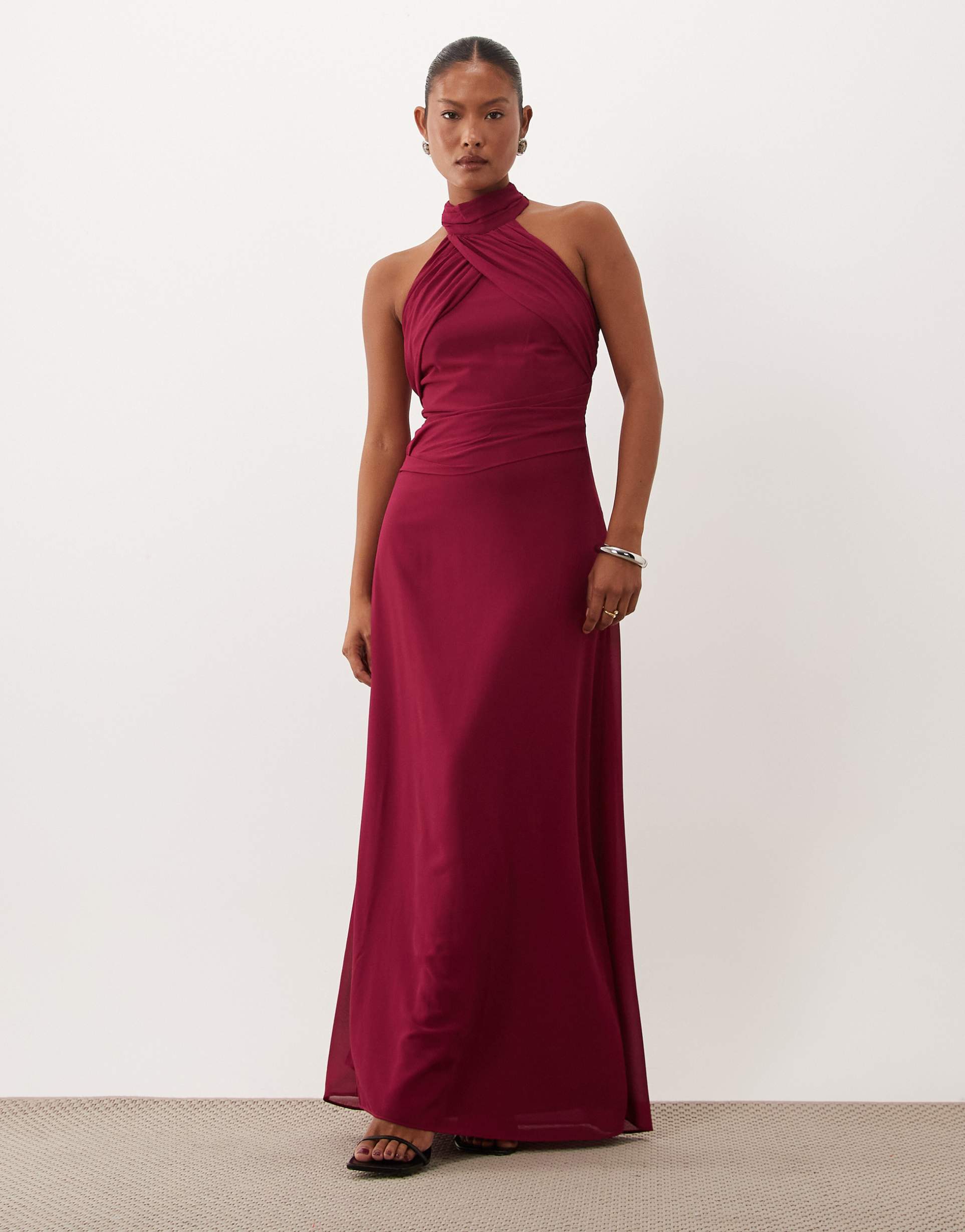 tfnc bridesmaid petite chiffon halter neck draped maxi dress in raspberry
