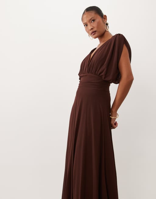 TFNC Bridesmaid Petite chiffon v-neck drape sleeve pleated maxi dress in chocolate, 3 of 4