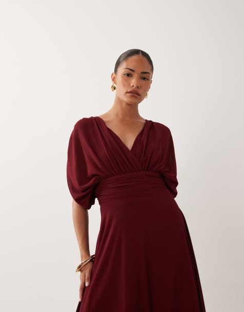 TFNC Bridesmaid Petite chiffon v-neck draped sleeve pleated maxi dress in burgundy - view 1