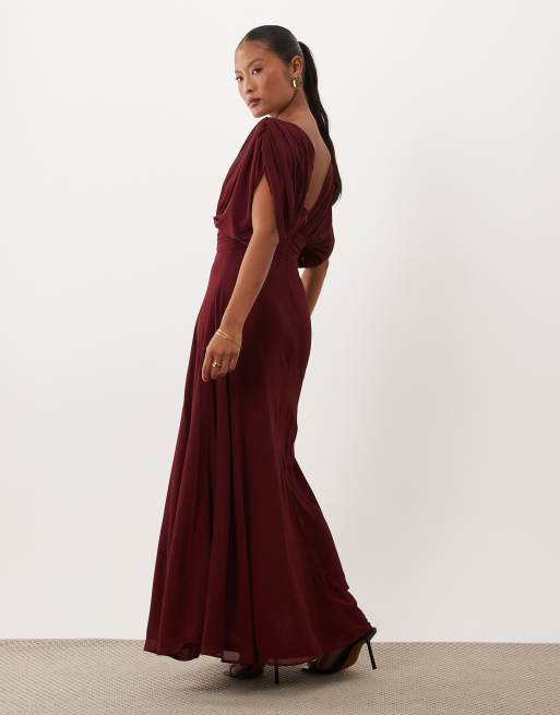 burgundy petite formal dresses TFNC Bridesmaid chiffon v-neck draped sleeve pleated maxi dress in burgundy-Red side slit maxi dress
