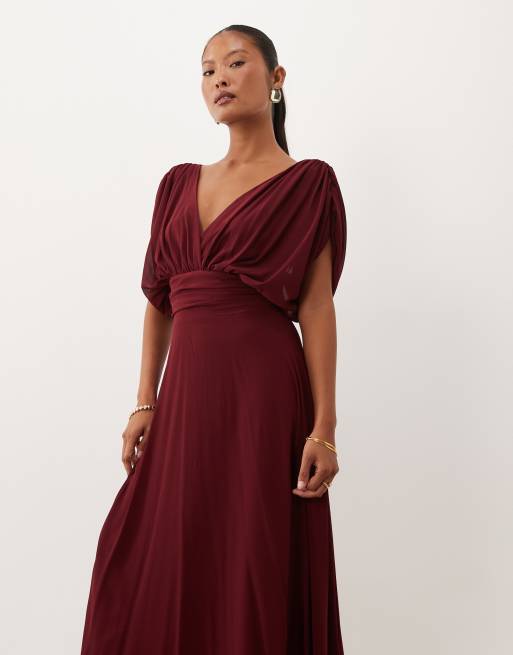 chiffon burgundy dress TFNC Bridesmaid Petite v-neck draped sleeve pleated maxi in burgundy dress