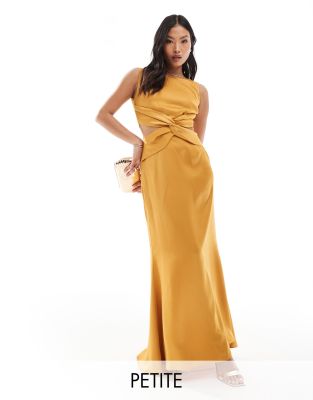 TFNC Bridesmaid Petite deep V back waist cut out satin maxi dress in yellow  | ASOS