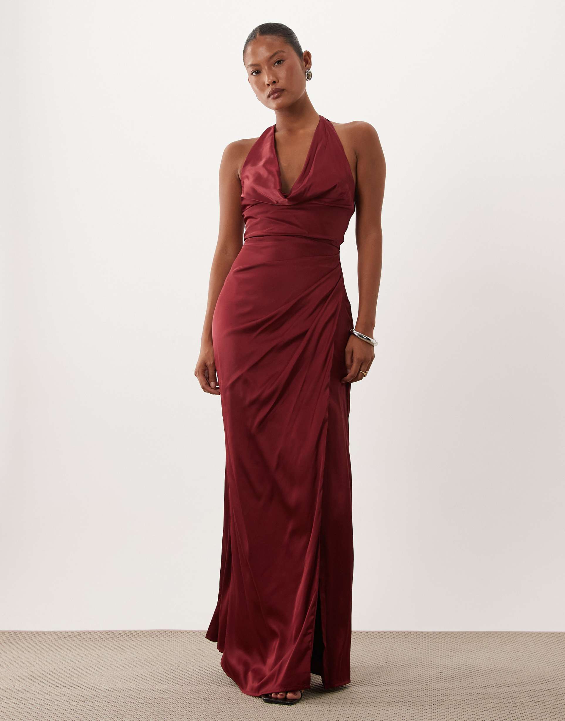tfnc bridesmaid petite satin halter neck cowl plunge slit detail maxi dress in burgundy