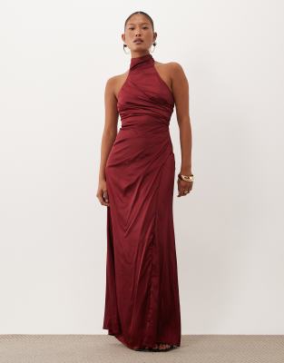 Tfnc Petite Tfnc Bridesmaid Petite Satin Halter Neck Pleat Detail Maxi Dress In Red
