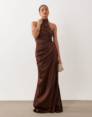 Tfnc Petite Tfnc Bridesmaid Petite Satin Halter Neck Pleat Detail Maxi Dress In Brown
