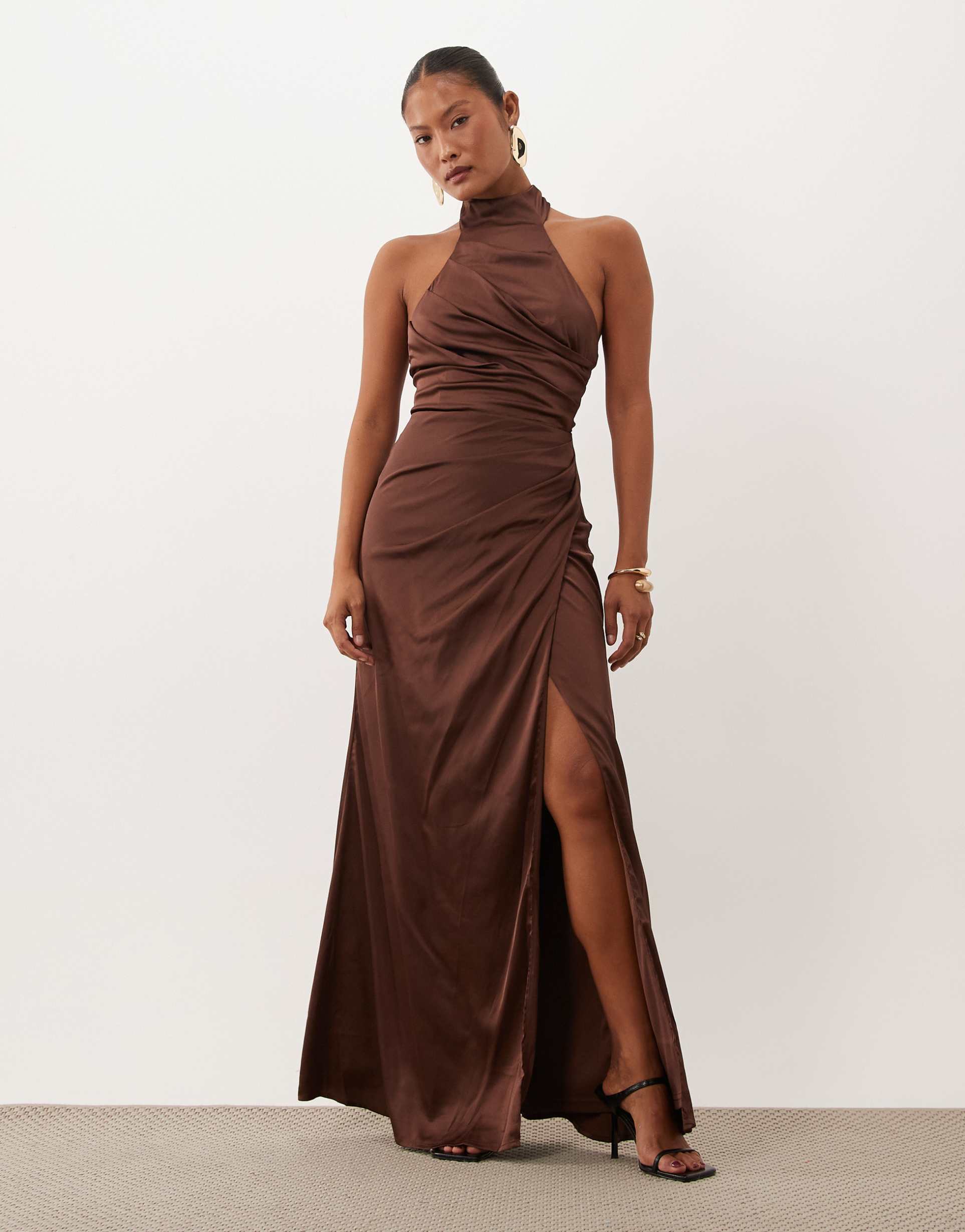 tfnc bridesmaid petite satin halter neck pleat detail maxi dress in chocolate