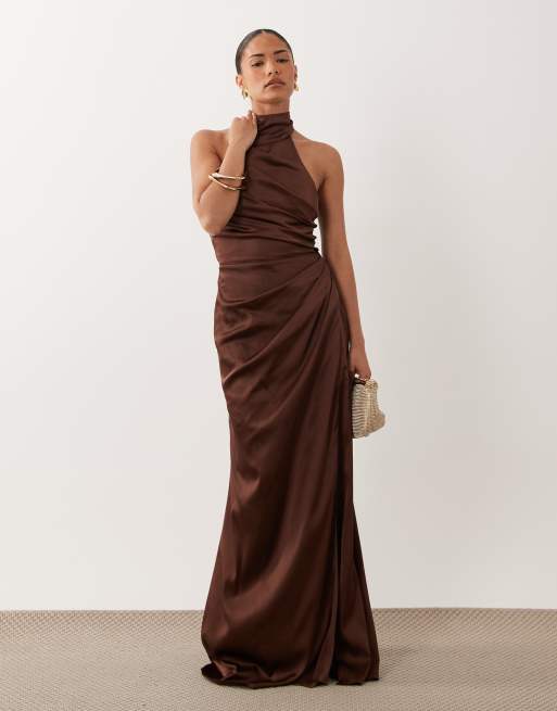 chocolate brown dress bridesmaid One Shoulder Drape Satin this dress is a must Satin Bridesmaid Dress Prom Dress