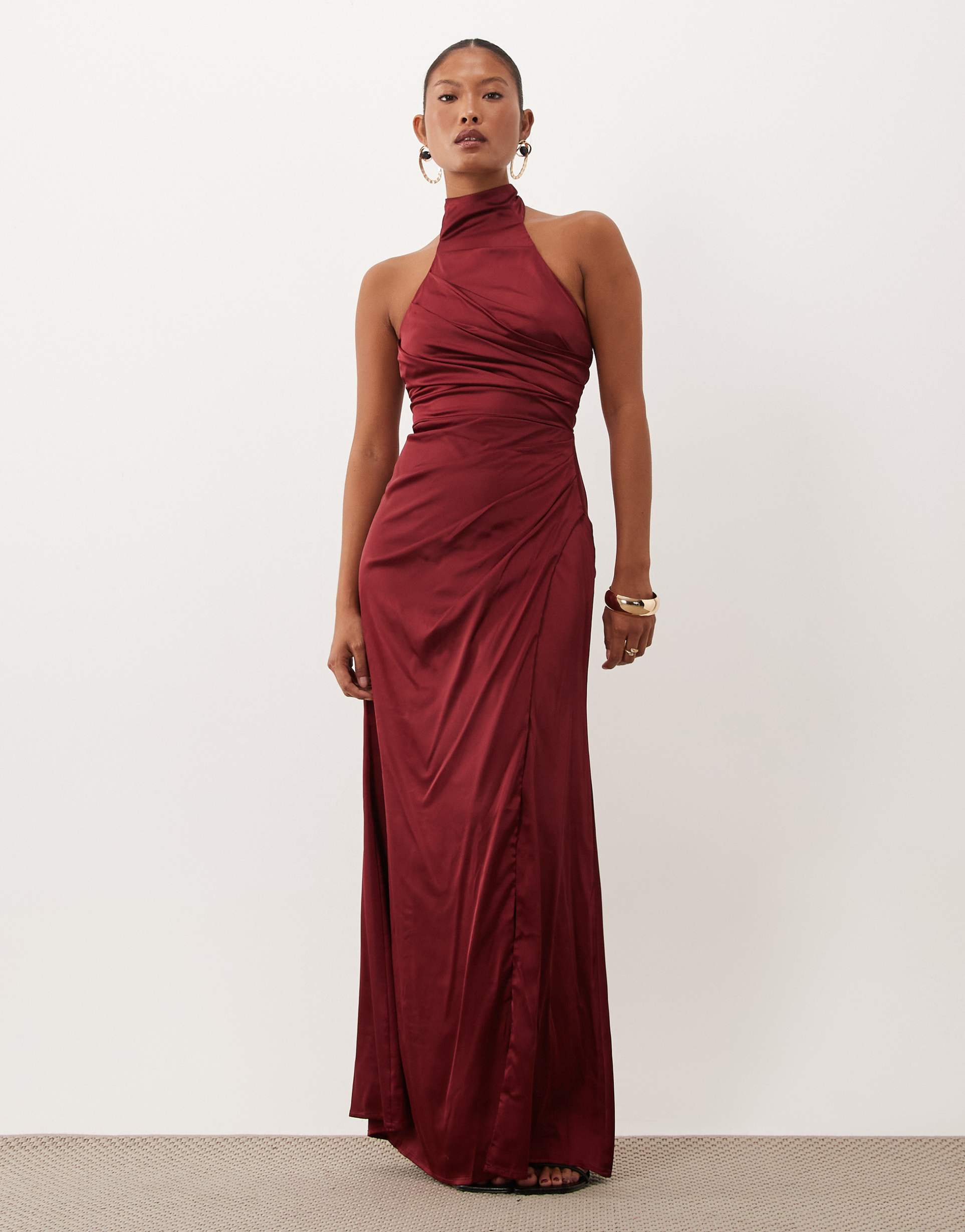 tfnc bridesmaid petite satin halter neck pleated detailing maxi dress in burgundy