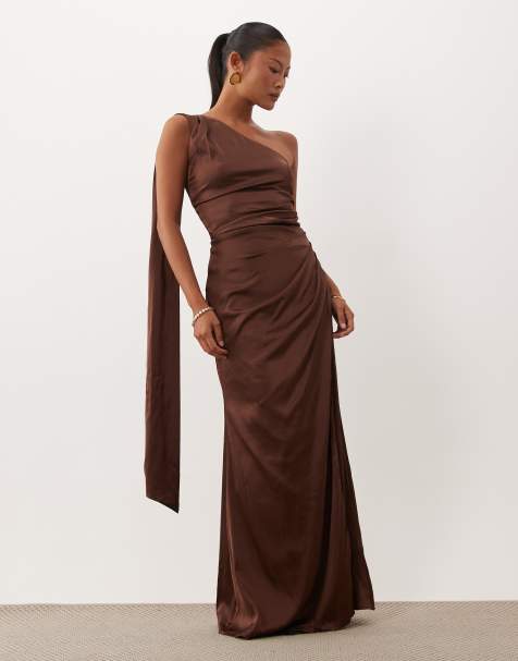 TFNC Bridesmaid Petite satin one shoulder drape back slit detail maxi dress in chocolate - view 1