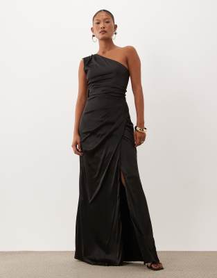 Tfnc Petite Tfnc Bridesmaid Petite Satin One Shoulder Drape Back Split Detail Maxi Dress In Black