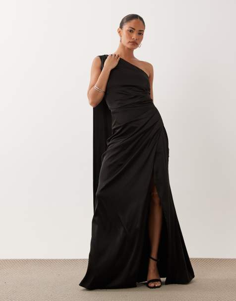 TFNC Bridesmaid Petite satin one shoulder drape back split detail maxi dress in black - view 1