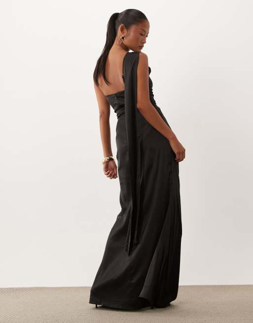 TFNC Bridesmaid Petite satin one shoulder drape back split detail maxi dress in black, 2 of 4