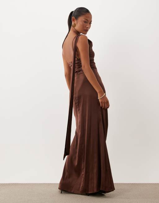 TFNC Bridesmaid Petite satin one shoulder drape back split detail maxi dress in chocolate, 2 of 4
