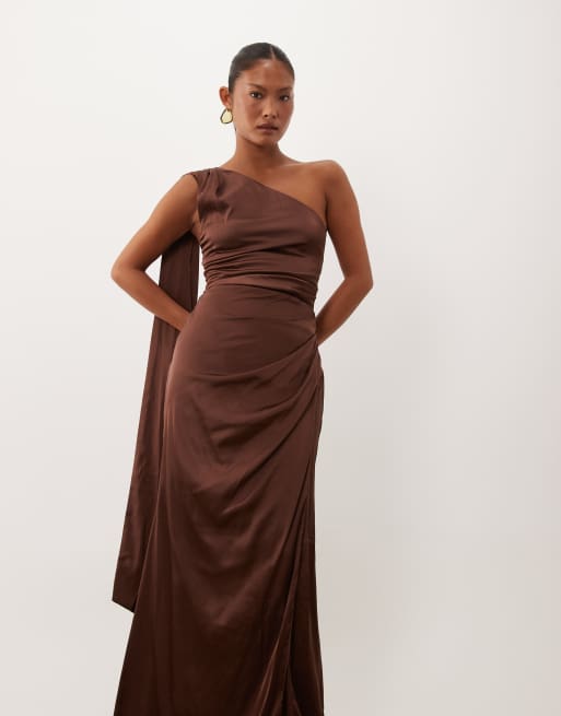 TFNC Bridesmaid Petite satin one shoulder drape back split detail maxi dress in chocolate, 3 of 4