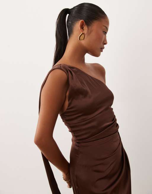 TFNC Bridesmaid Petite satin one shoulder drape back split detail maxi dress in chocolate, 4 of 4